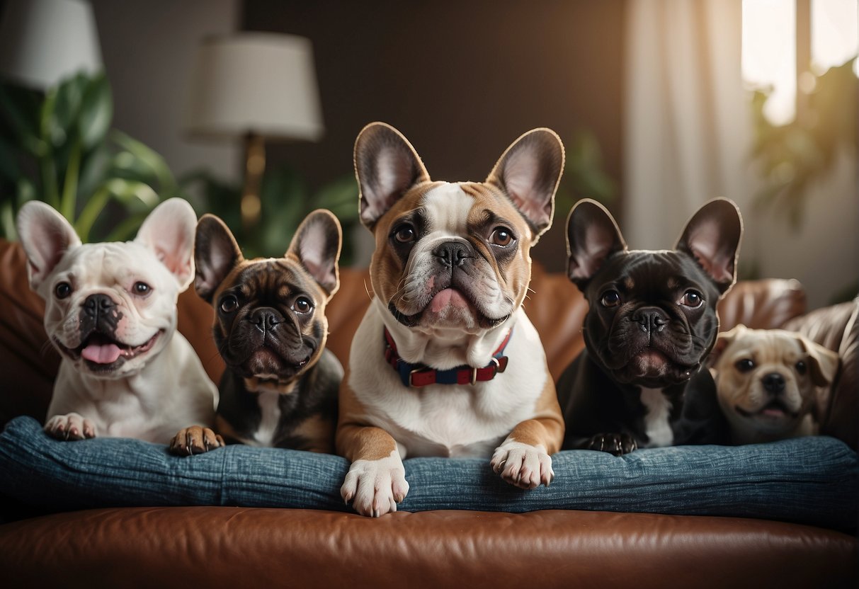 A cozy living room with a French Bulldog breeder's logo on a sign, surrounded by happy, healthy-looking dogs and puppies