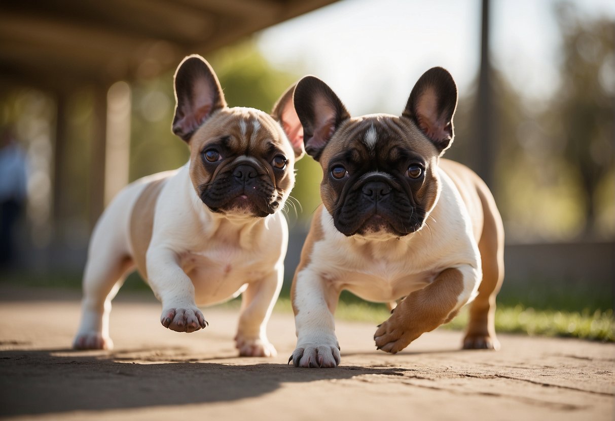 French Bulldog puppies playfully romp in a spacious, sunlit enclosure at the best French Bulldog breeders in Des Moines