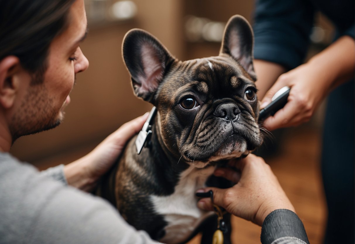 A French Bulldog being groomed and cuddled by a person