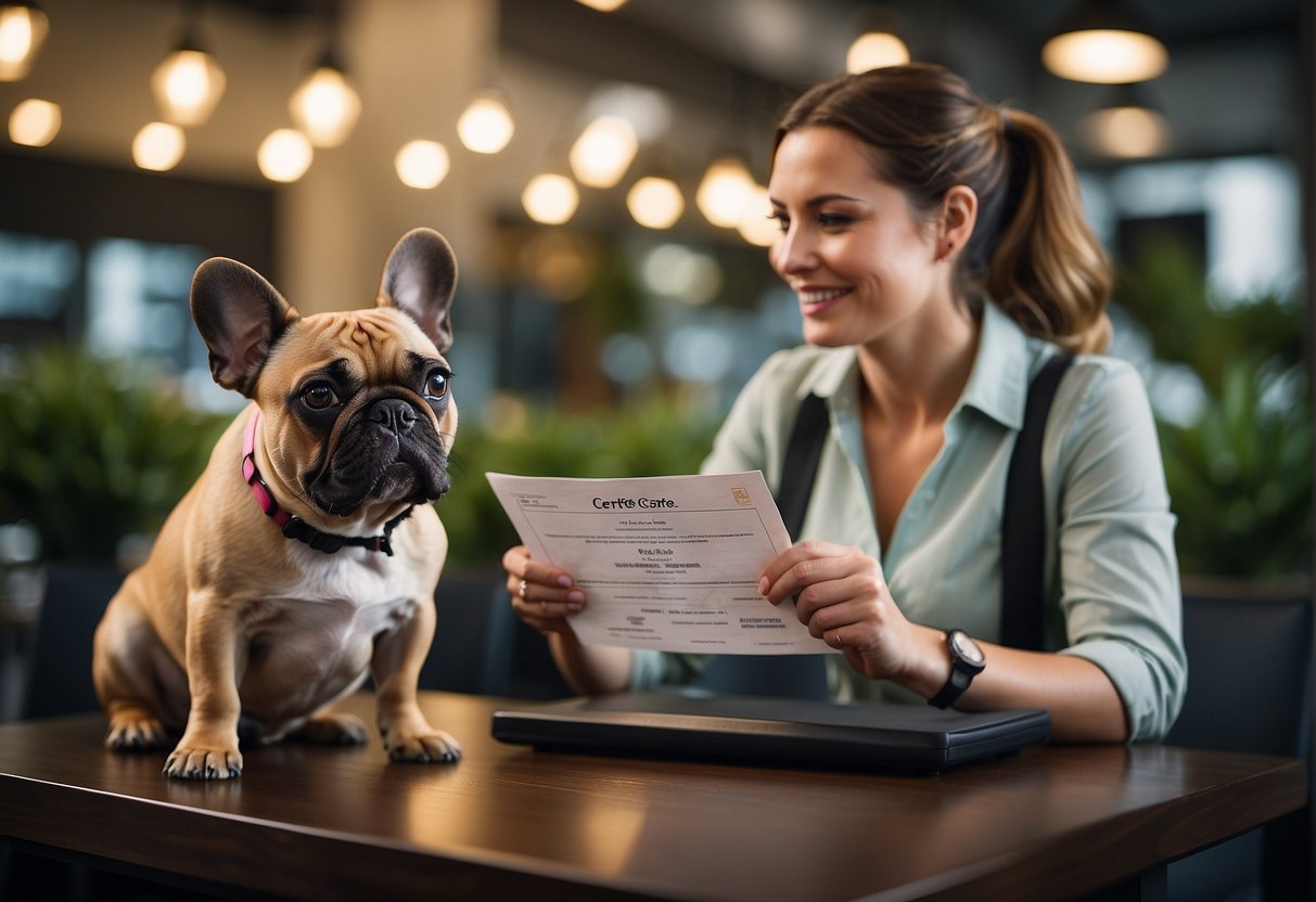 A customer service representative assists a client with a French bulldog, while a guarantee certificate is displayed prominently