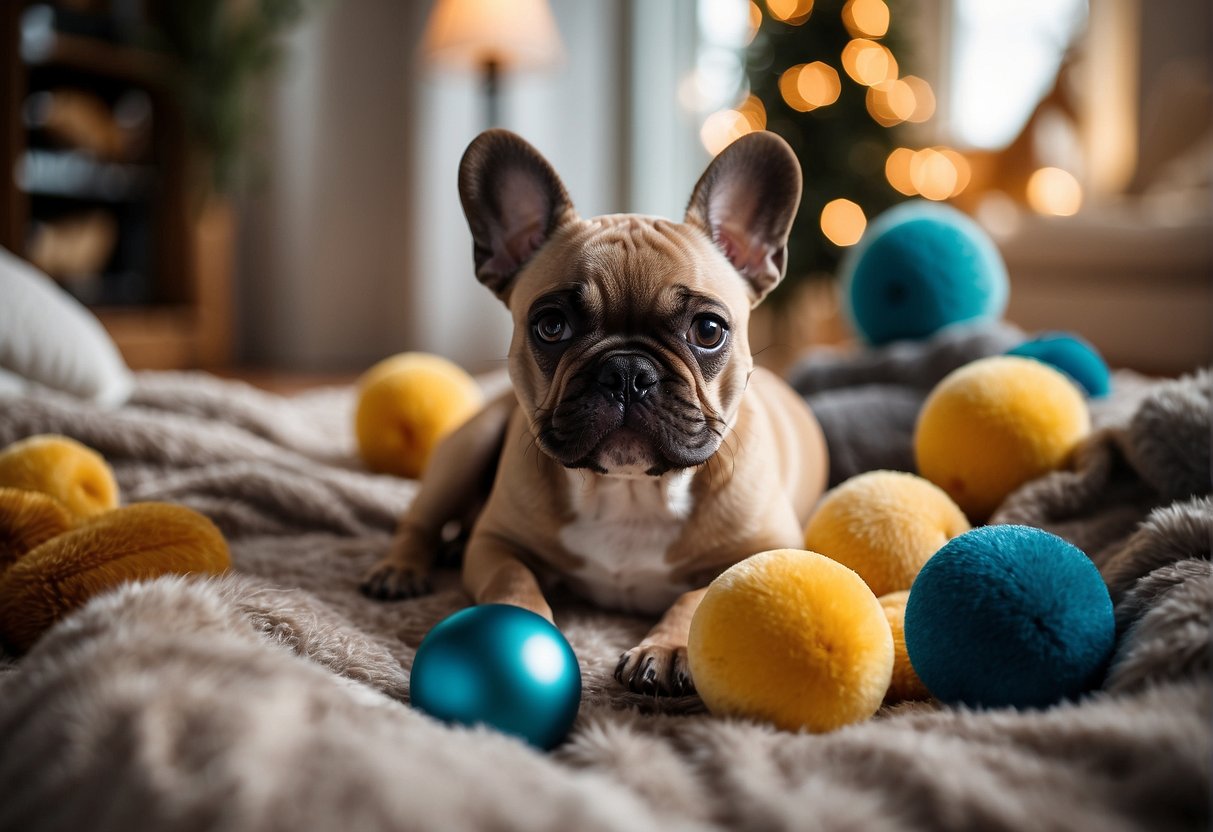 French bulldog puppies playing in a spacious and clean living area, surrounded by toys and comfortable bedding. A sign with "Frequently Asked Questions best french bulldog breeders des moines" hangs on the wall