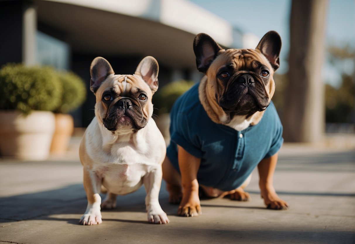 A French bulldog stands proudly next to its reputable breeder in Dallas, showcasing its unique markings and sturdy build