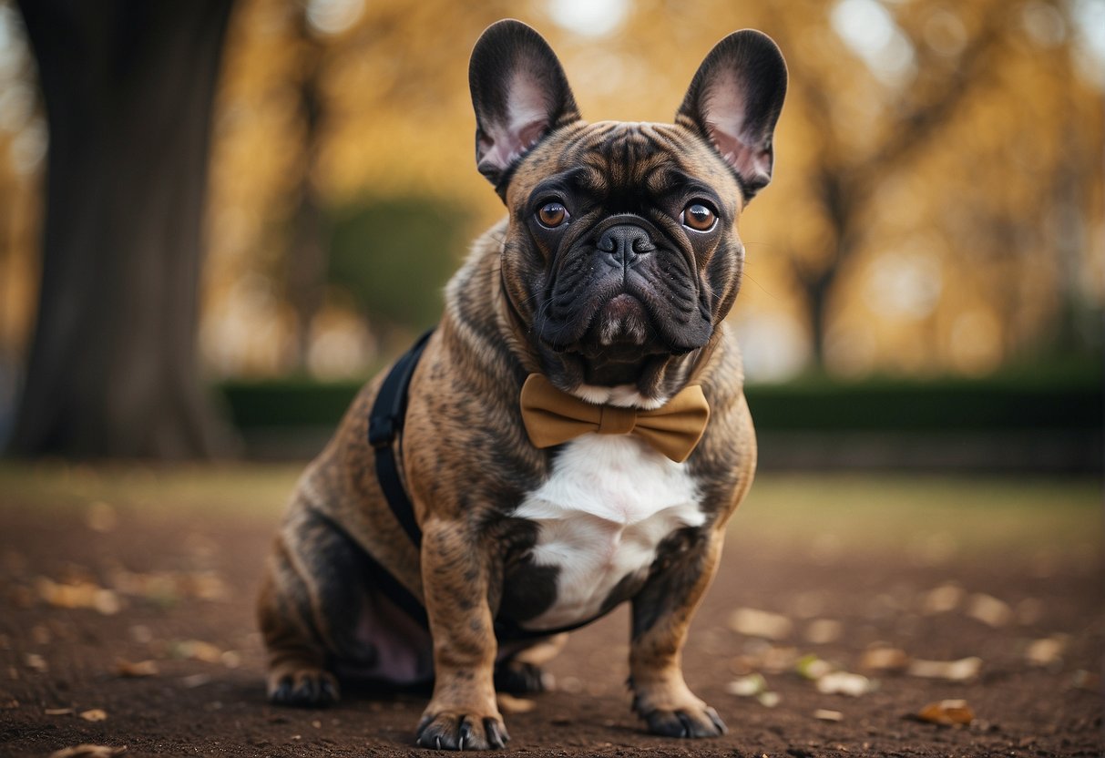 A French Bulldog stands confidently, with a sturdy build, large bat-like ears, and a distinctive wrinkled face. Its coat is short and smooth, with a variety of colors including brindle, fawn, and white