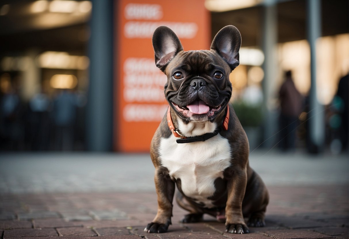 A French Bulldog standing in front of a sign that reads "Choosing Your French Bulldog Best French Bulldog Breeders Dallas" with a happy expression on its face