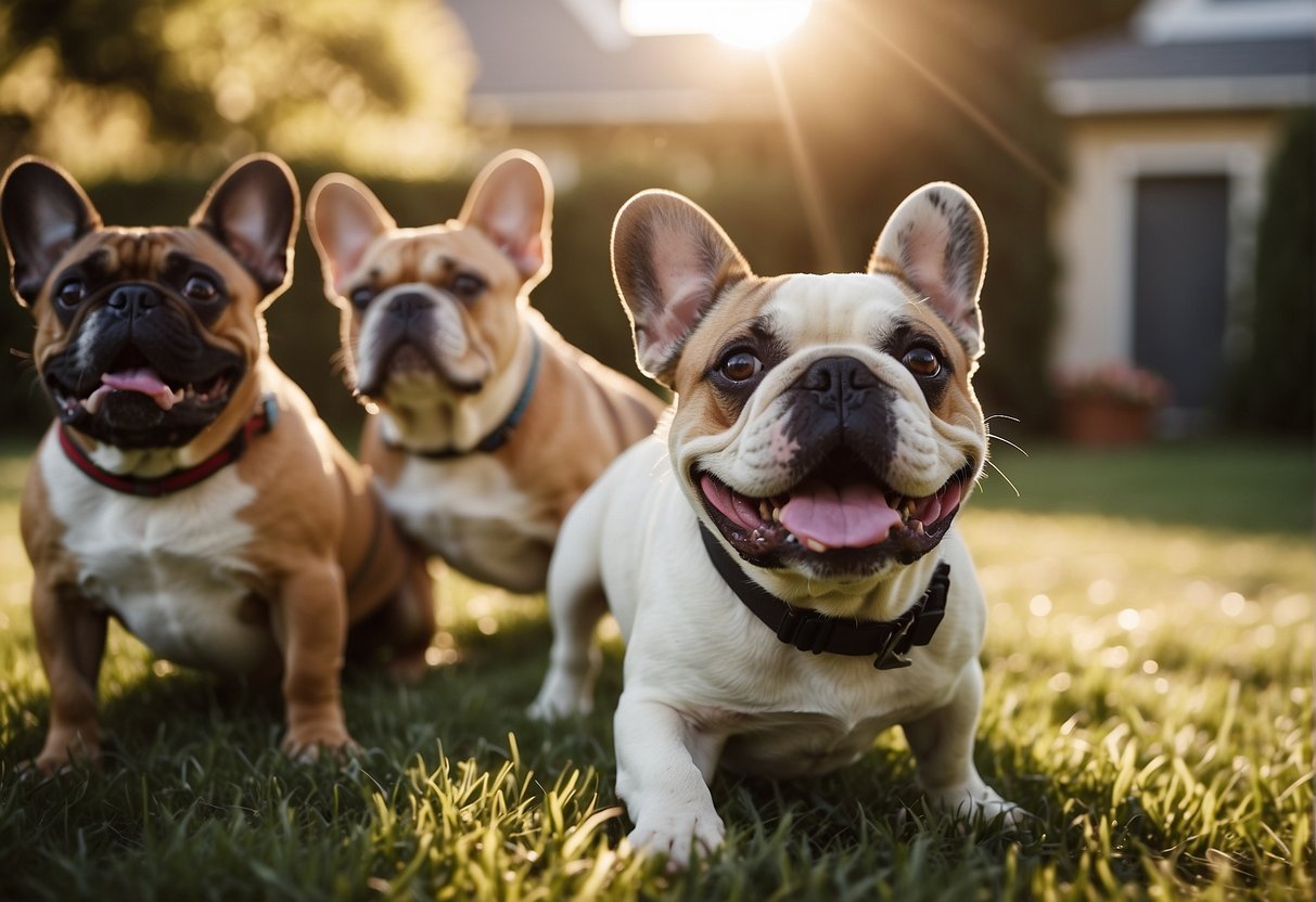 A group of French bulldogs play in a spacious, well-maintained backyard. The sun shines down on their shiny coats as they chase each other and roll around in the grass