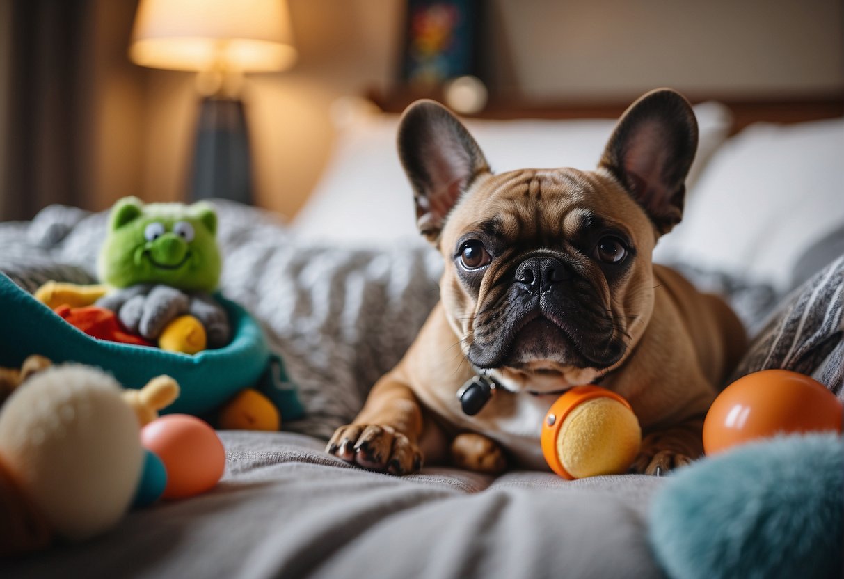 A French Bulldog lounges on a cozy bed, surrounded by toys and a bowl of fresh water. The room is filled with natural light, creating a warm and inviting atmosphere