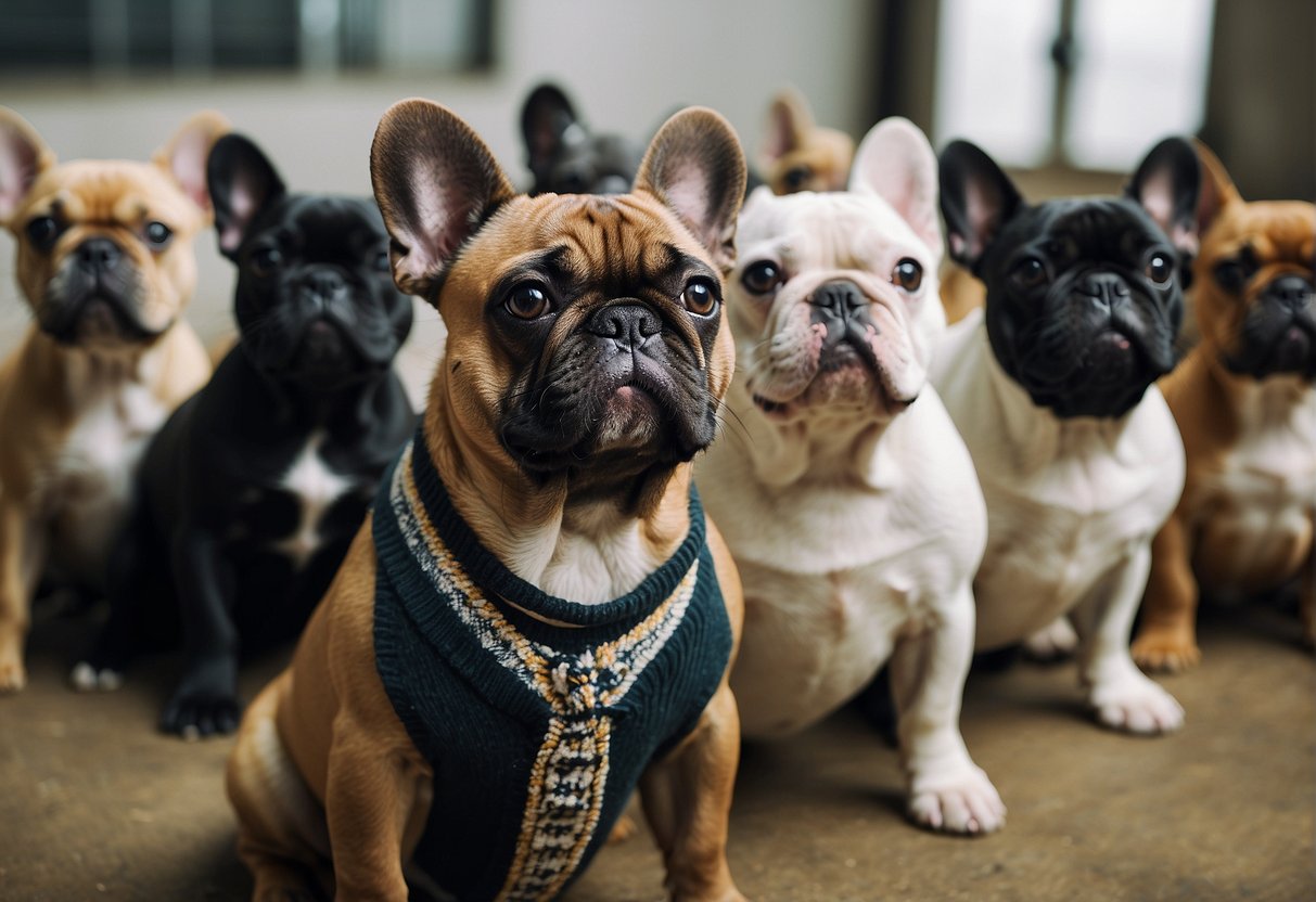 A French Bulldog with various colors and patterns sits among a group of other French Bulldogs at a reputable breeder's facility in Houston