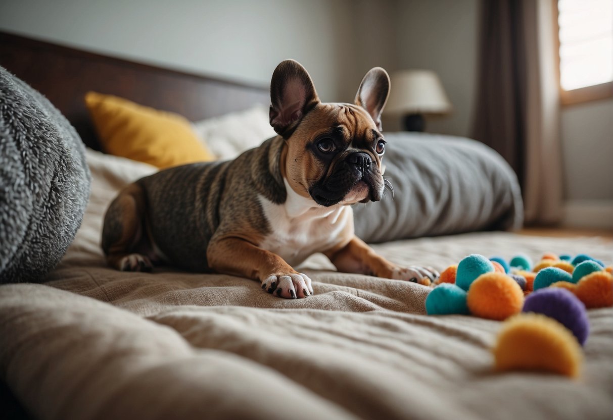 A French bulldog puppy explores its new home, sniffing around the cozy bed and toys. The excited pup wags its tail as it discovers its food and water bowls