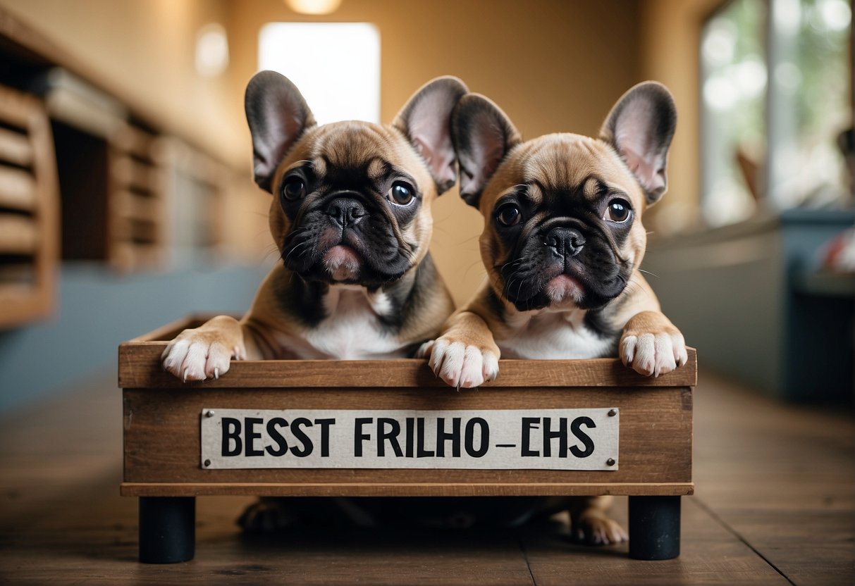 French bulldog puppies playing in a spacious and clean kennel, with a sign reading "Best French Bulldog Breeders Houston" prominently displayed