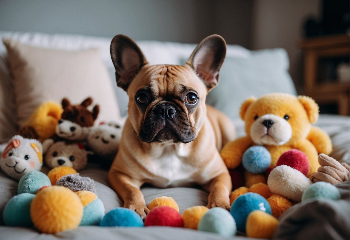 A French bulldog surrounded by toys and treats, with a cozy bed and a loving breeder in Philadelphia