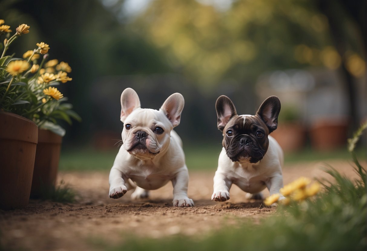 French Bulldog puppies playing in a spacious, clean and well-maintained kennel, with happy and healthy adult dogs nearby