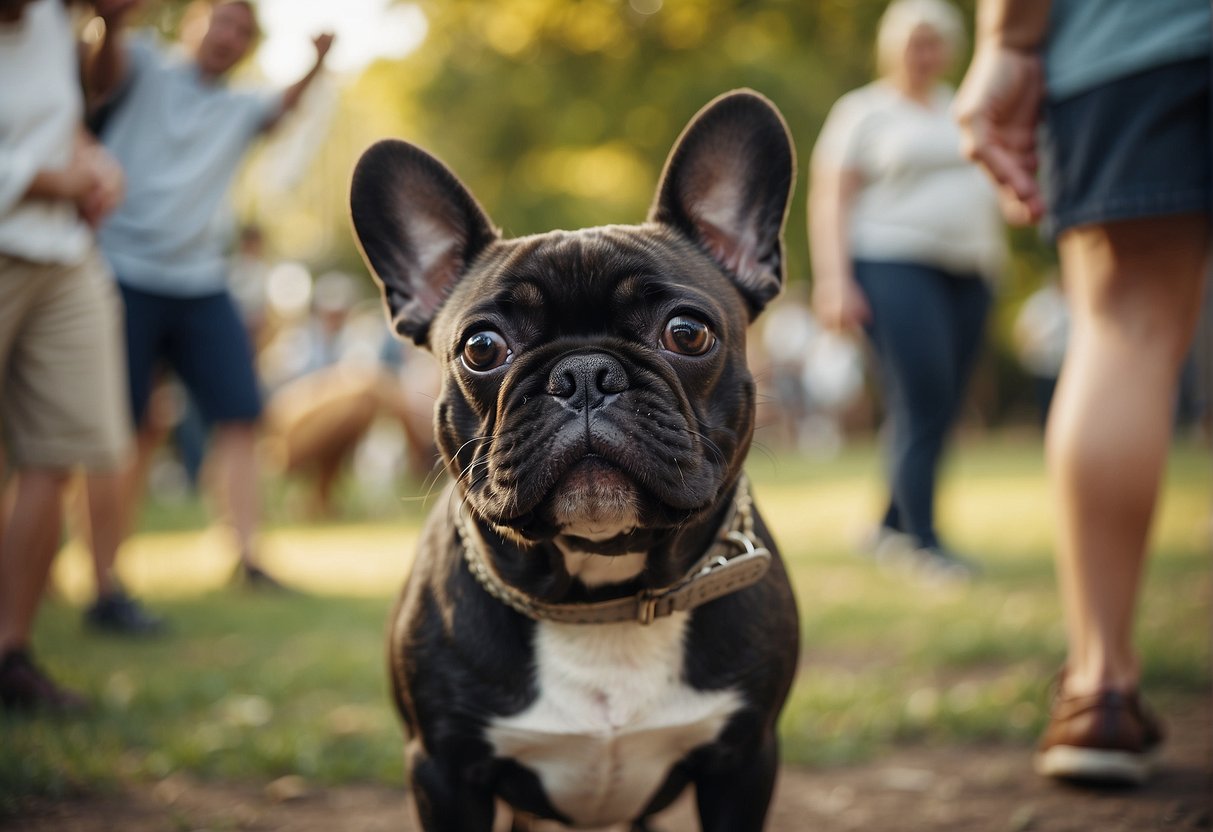 A French Bulldog stands out among a group, wagging its tail, while potential owners observe and interact with the playful pups