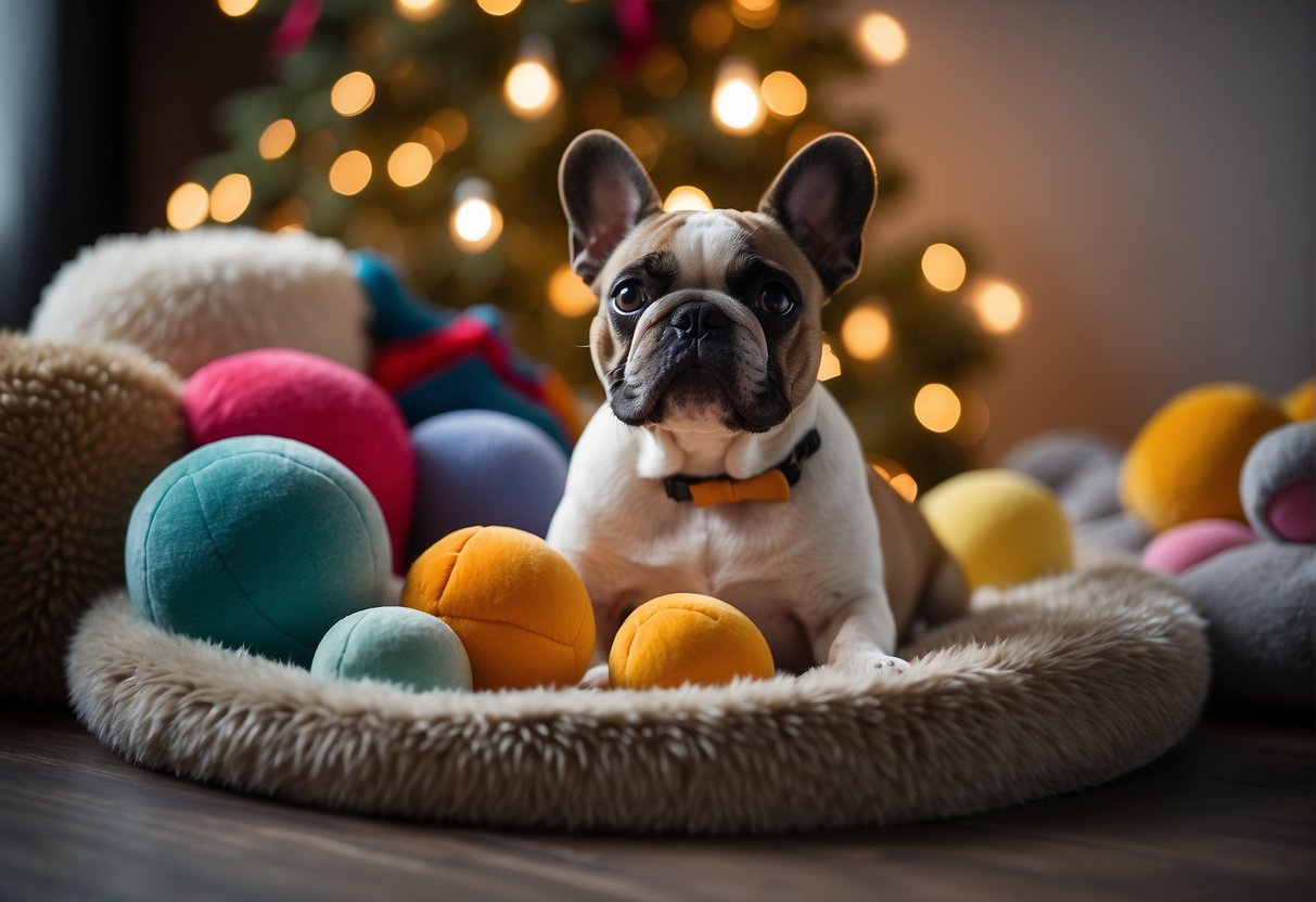 A French Bulldog sits on a plush dog bed surrounded by toys and treats, with a cozy dog crate in the background