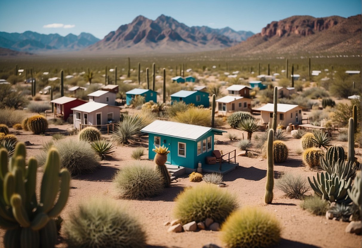 A cluster of colorful tiny homes nestled in the Arizona desert, surrounded by cacti and mountains under a clear blue sky