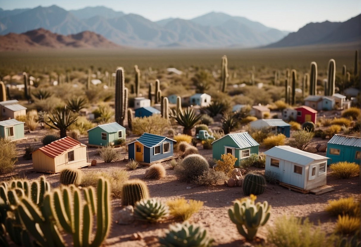A desert landscape with rows of colorful tiny homes, surrounded by cacti and mountains in the background