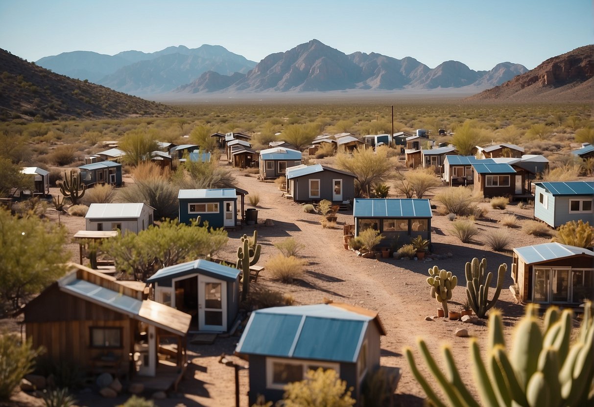 A cluster of tiny homes nestled in the Arizona desert, surrounded by cacti and mountains under a clear blue sky