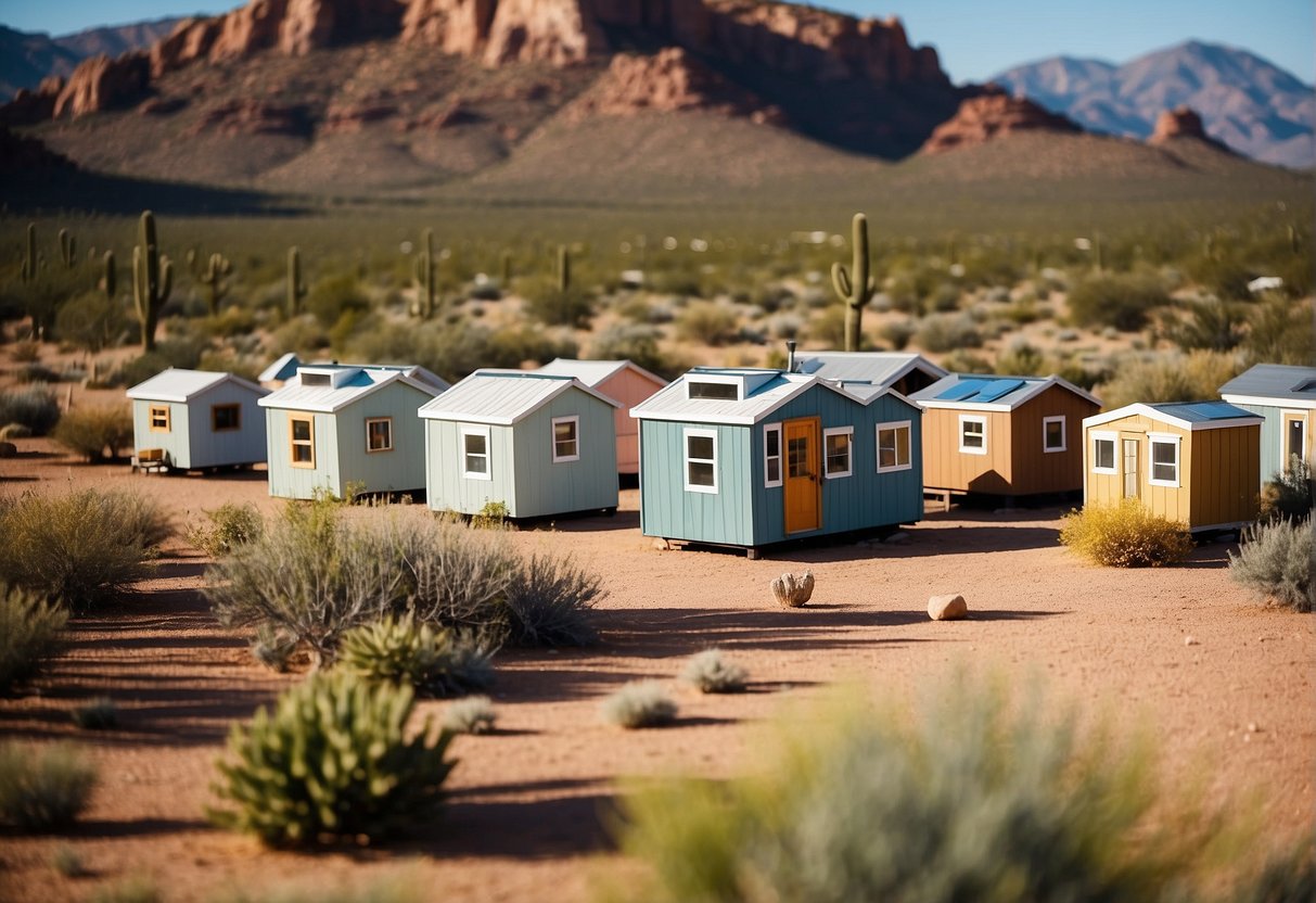 A cluster of tiny homes nestled among desert landscapes in Arizona. Each home features unique designs and sustainable features