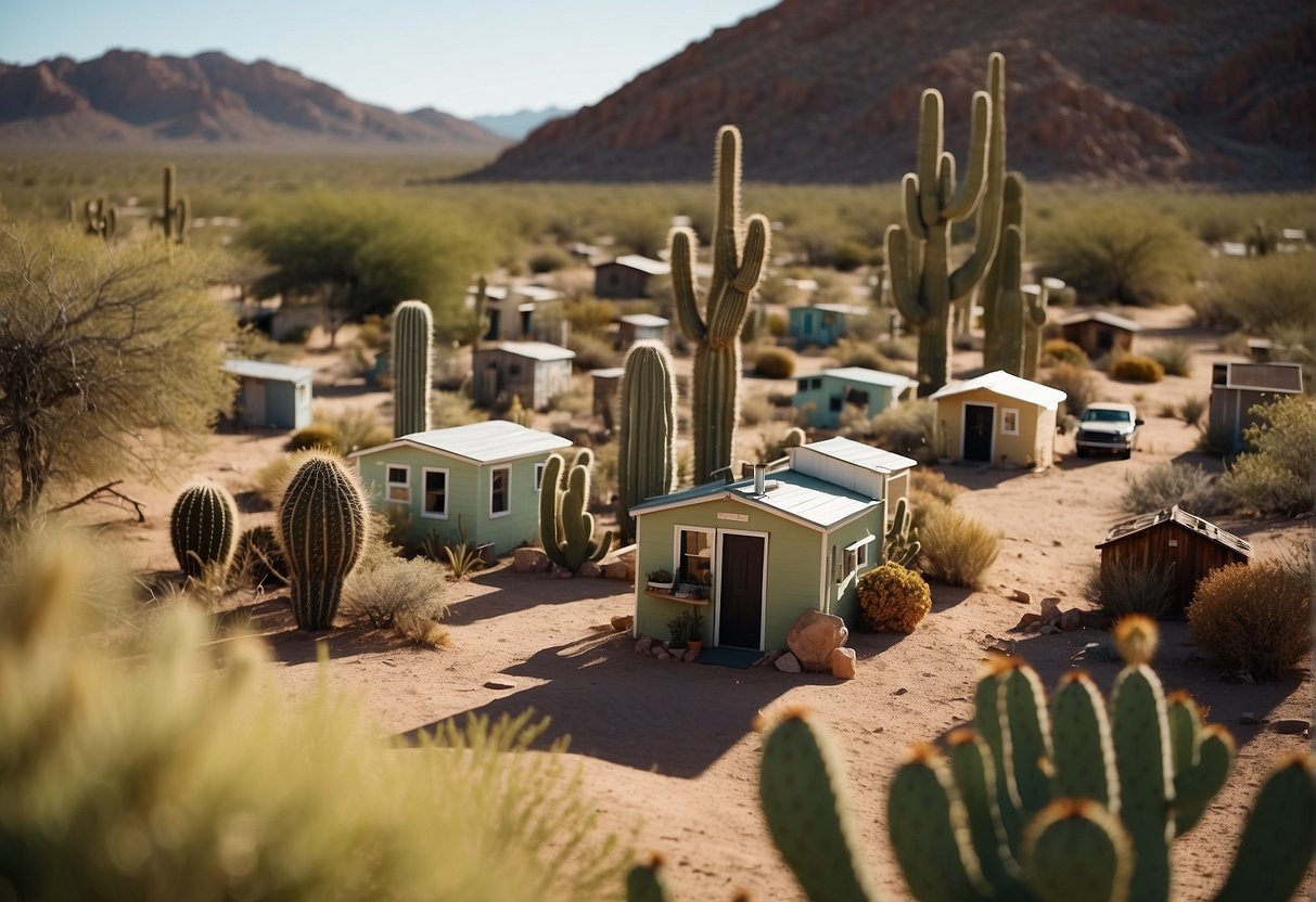 A sunny desert landscape with tiny homes clustered around a central community area. Cacti and desert plants dot the surroundings, with a clear blue sky overhead