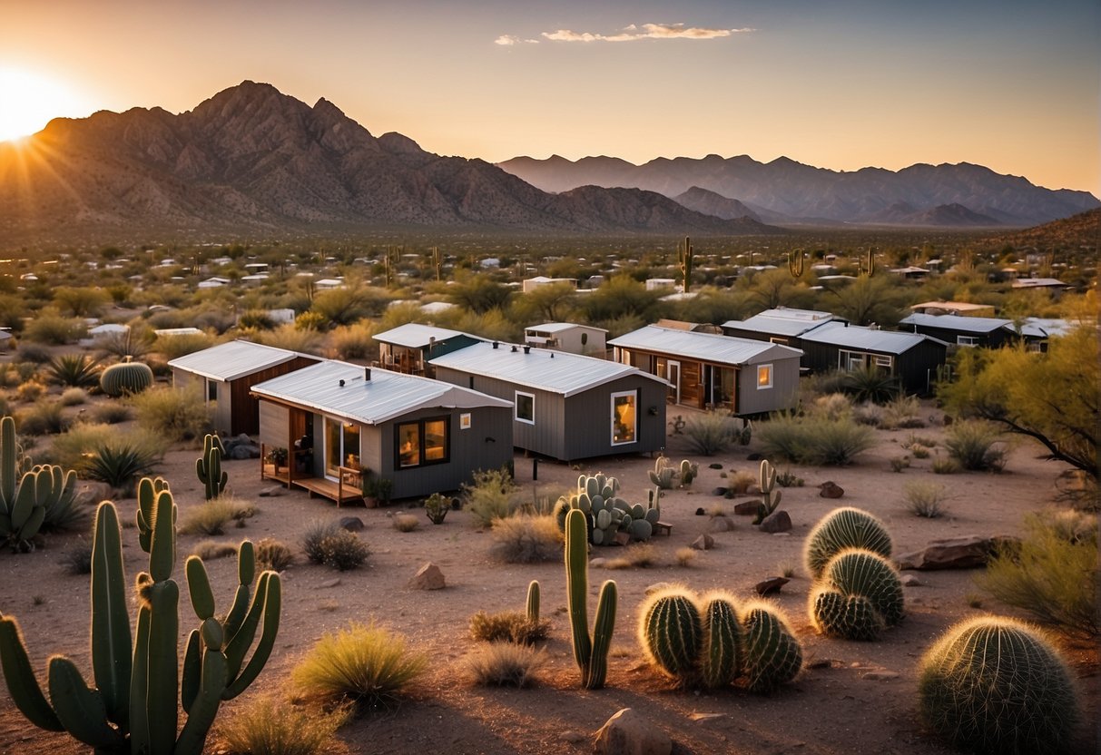 A cluster of tiny homes nestled in the Arizona desert, surrounded by cacti and rugged mountains. The sun sets in the distance, casting a warm glow over the community