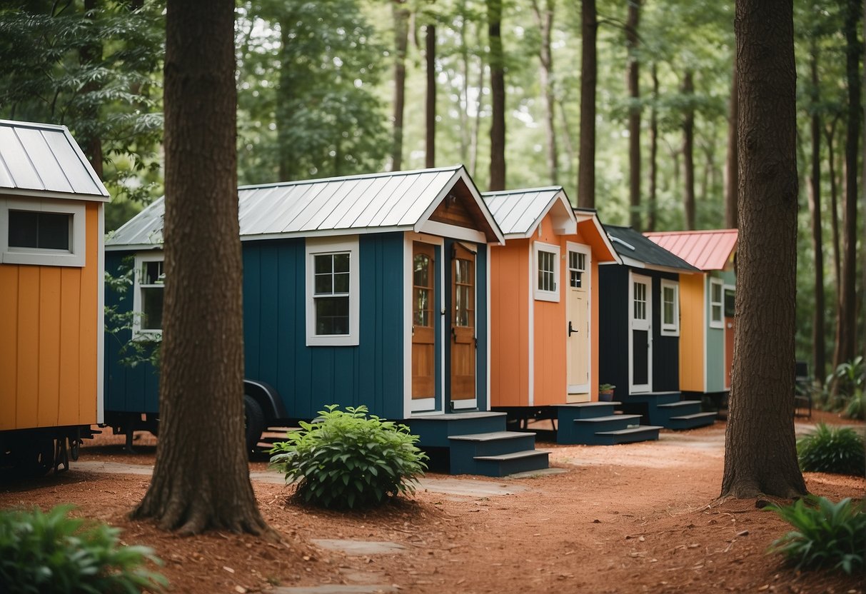 Tiny homes nestled among lush trees in an Alabama community, with colorful exteriors and communal spaces