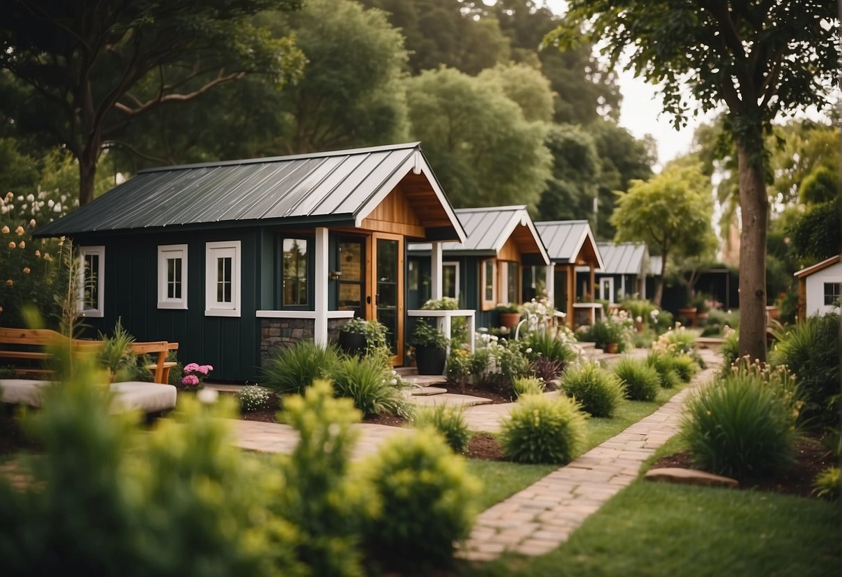 Tiny homes nestled in lush green landscapes, with communal gardens and cozy gathering spaces. A sense of community and sustainable living