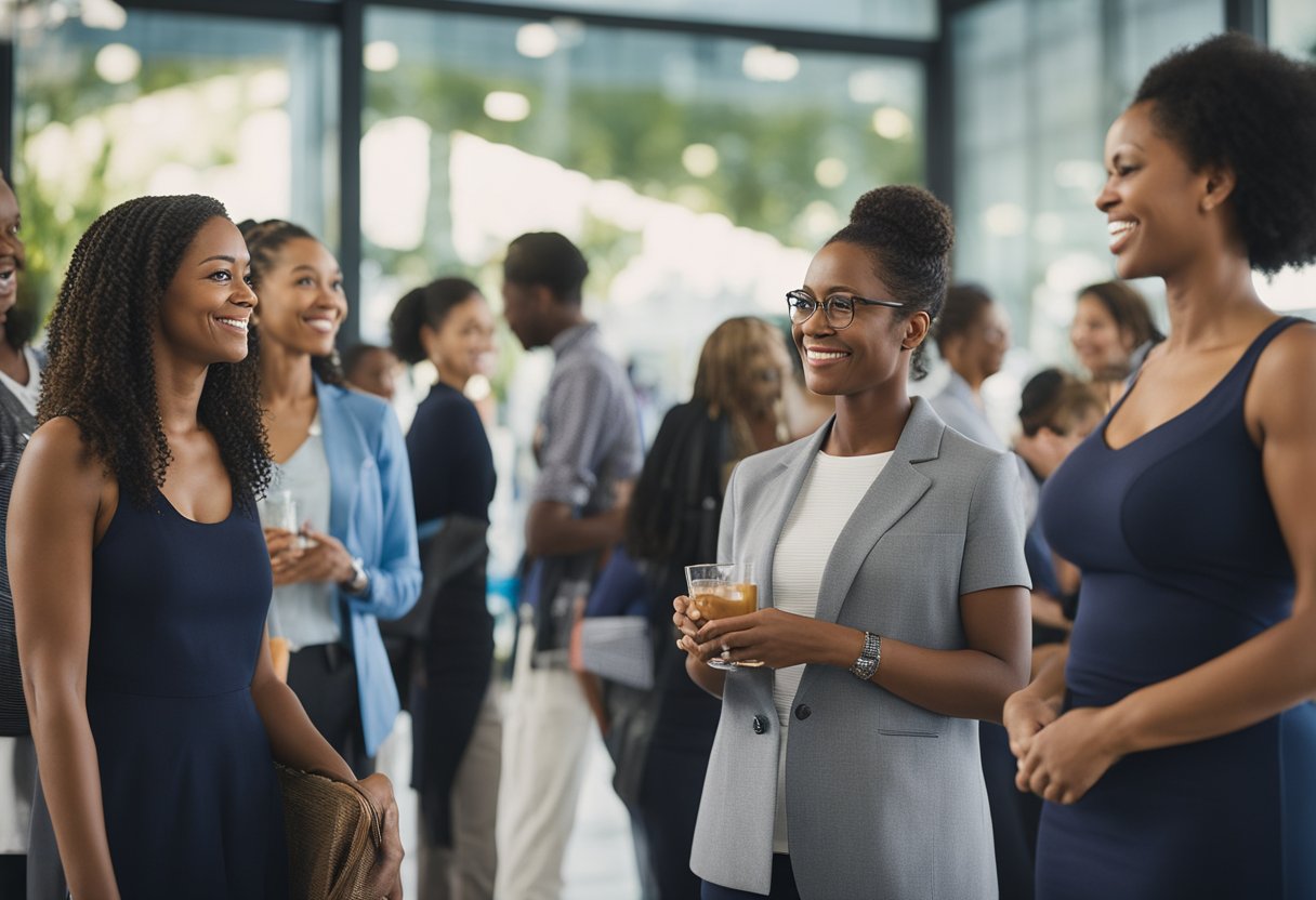 A group of diverse individuals gather at a Kaiser Permanente community event, engaging in health-related activities and discussions. The atmosphere is vibrant and supportive, with a focus on promoting wellness and education