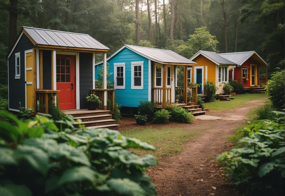 A cluster of colorful tiny homes nestled amid lush greenery in a serene Alabama community
