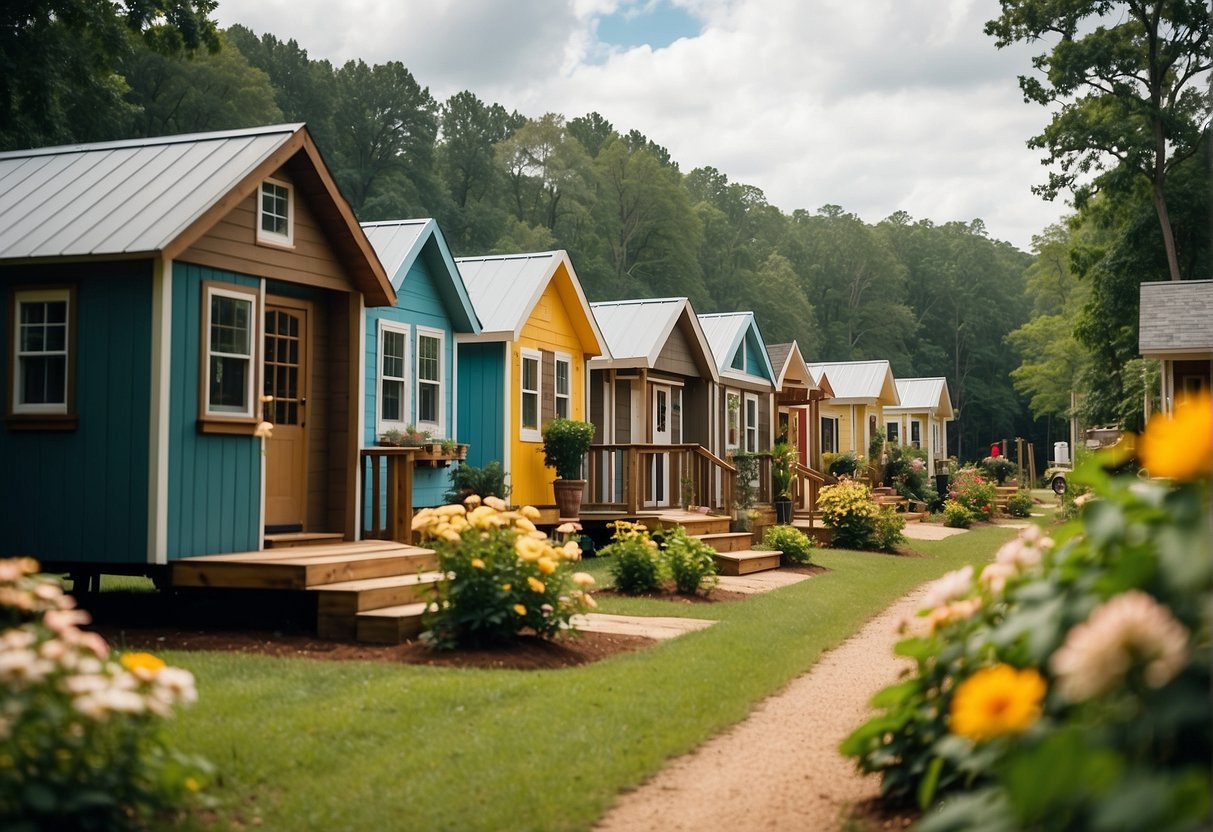 A cluster of tiny homes nestled in a peaceful Alabama community, surrounded by lush greenery and vibrant flowers, with residents engaged in communal activities