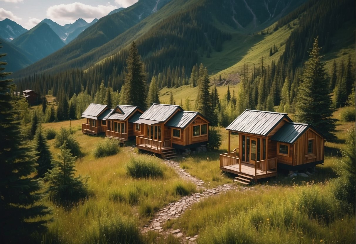 A cluster of tiny homes nestled in a lush Alberta landscape, with a winding river and majestic mountains in the background