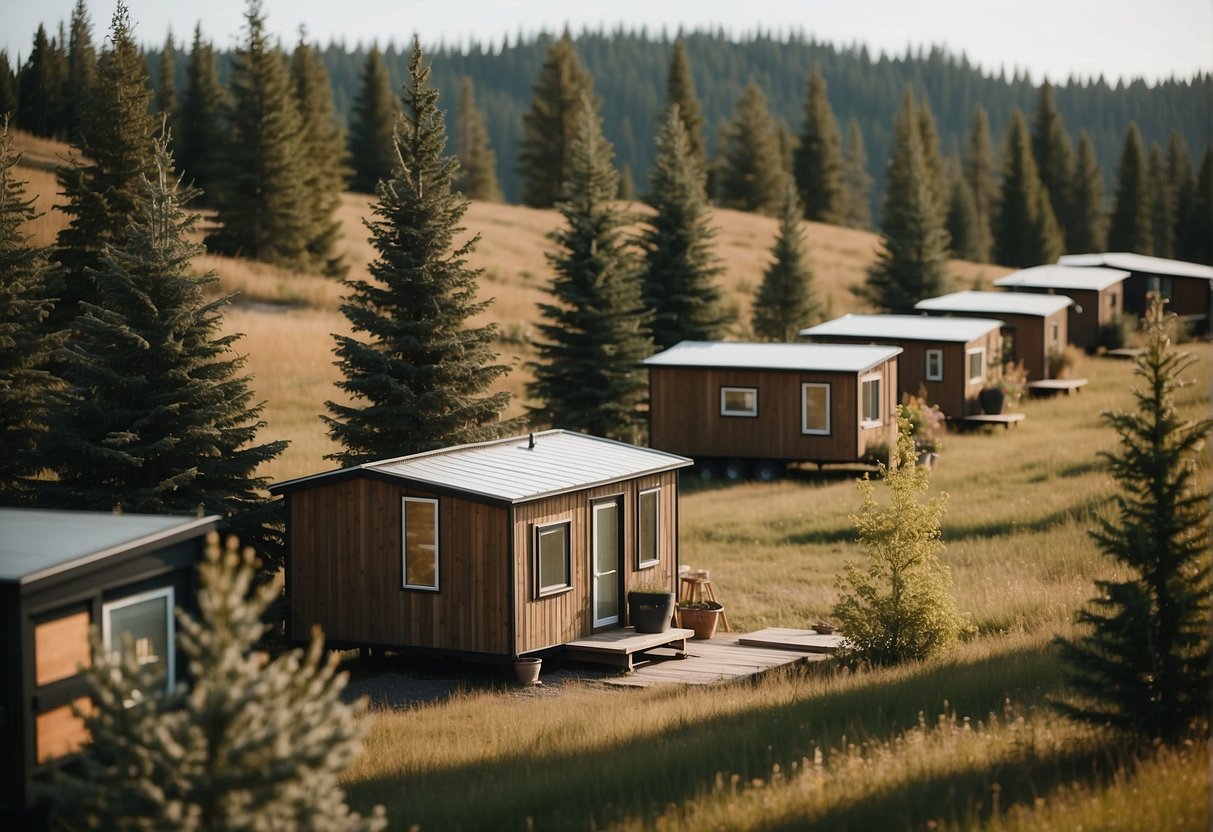 A serene Alberta landscape with cozy tiny homes nestled among trees, with communal spaces for residents to gather and enjoy nature
