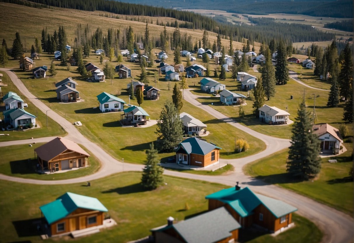 Aerial view of tiny homes in Alberta, with zoning regulations and legal documents in foreground. Community layout shows adherence to local laws