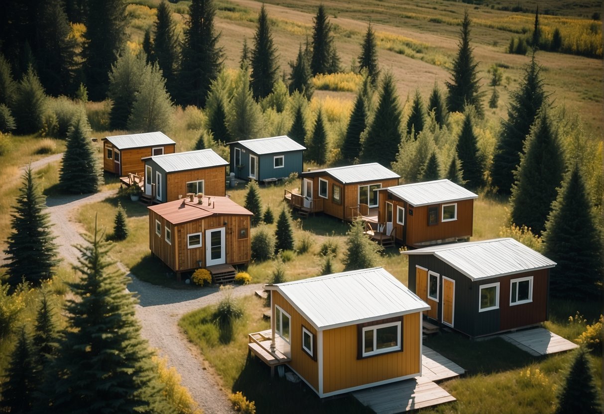 A cluster of tiny homes nestled in a rural Alberta landscape, surrounded by trees and mountains, with a central communal area and small gardens