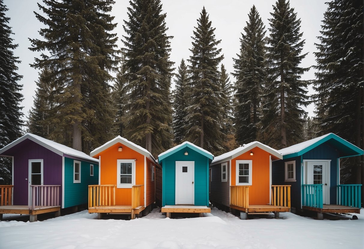 A cluster of colorful tiny homes nestled among tall trees in a serene Alberta community