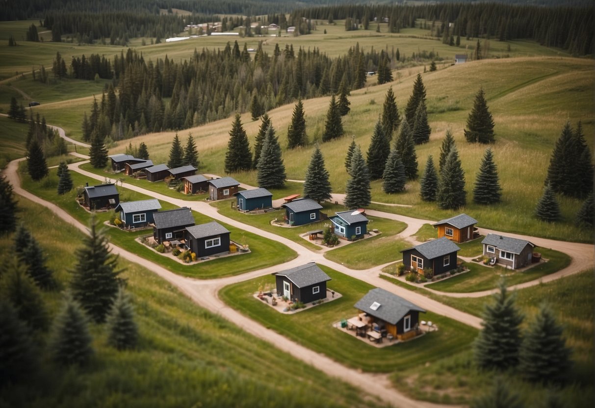 A cluster of tiny homes nestled in a serene Alberta landscape, with community spaces and pathways connecting the homes