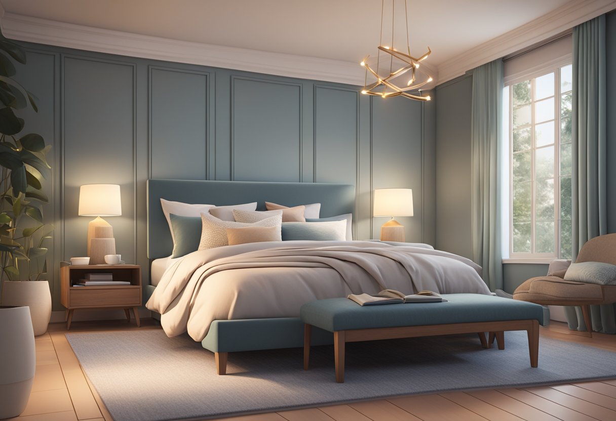 A serene bedroom with soft, dim lighting, a cozy bed with plush pillows, and a soothing color palette evoking calm and relaxation