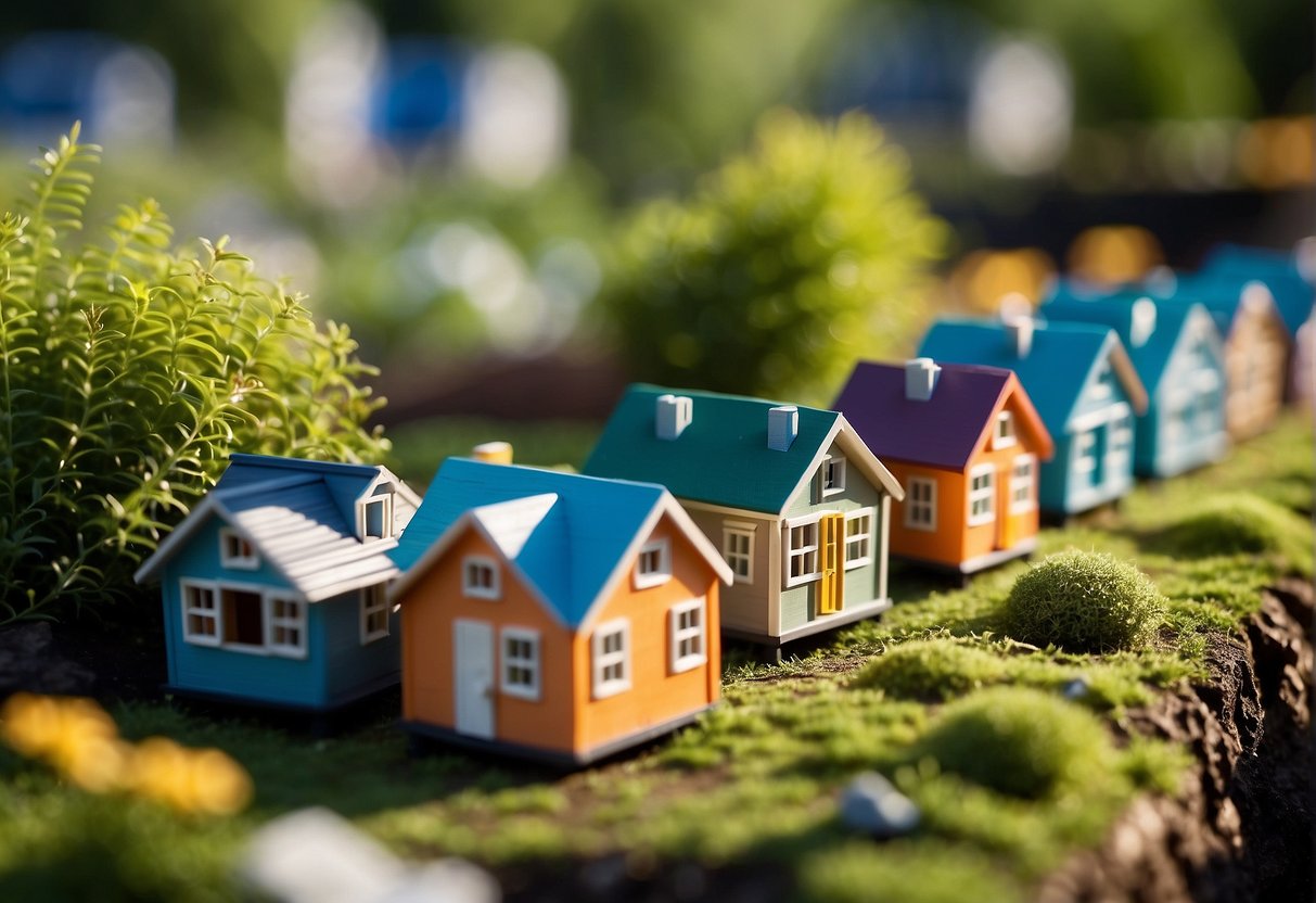 A row of colorful tiny homes nestled in a lush green landscape, with communal gardens and a central gathering area