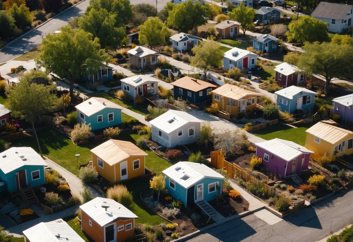 Aerial view of expanding tiny home communities in America. Rows of colorful, compact dwellings surrounded by communal gardens and gathering spaces