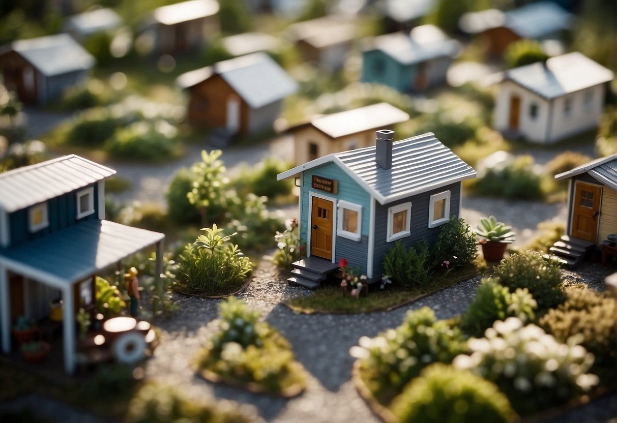 Tiny homes clustered in a community, surrounded by greenery. A sign displaying legal and economic guidelines. People engaging in small-scale commerce and communal activities