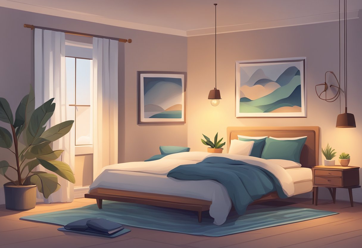 A cozy bedroom with dim lighting, a comfortable bed, and calming decor. A journal and a meditation cushion sit nearby, creating a peaceful atmosphere for rest and rejuvenation