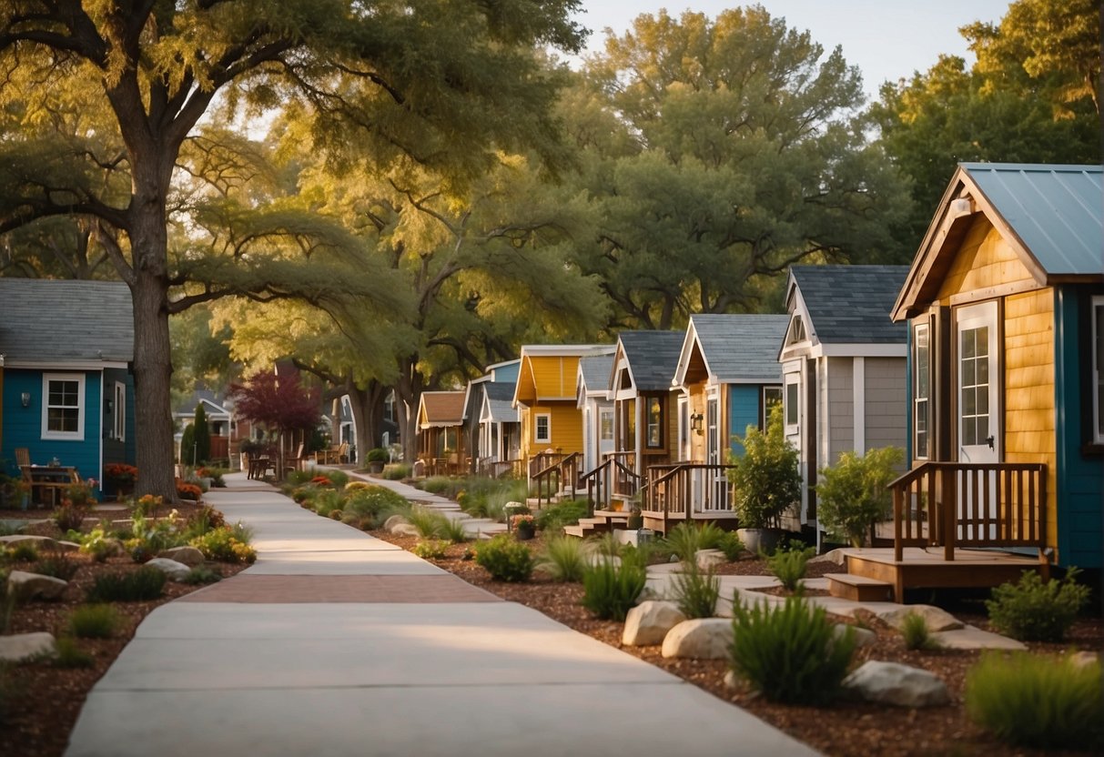 A bustling tiny home community in America, with colorful houses nestled among trees and a central gathering space for residents