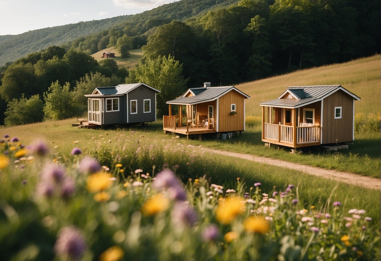 A cluster of cozy tiny homes nestled among the rolling hills of Arkansas, surrounded by lush greenery and blooming wildflowers