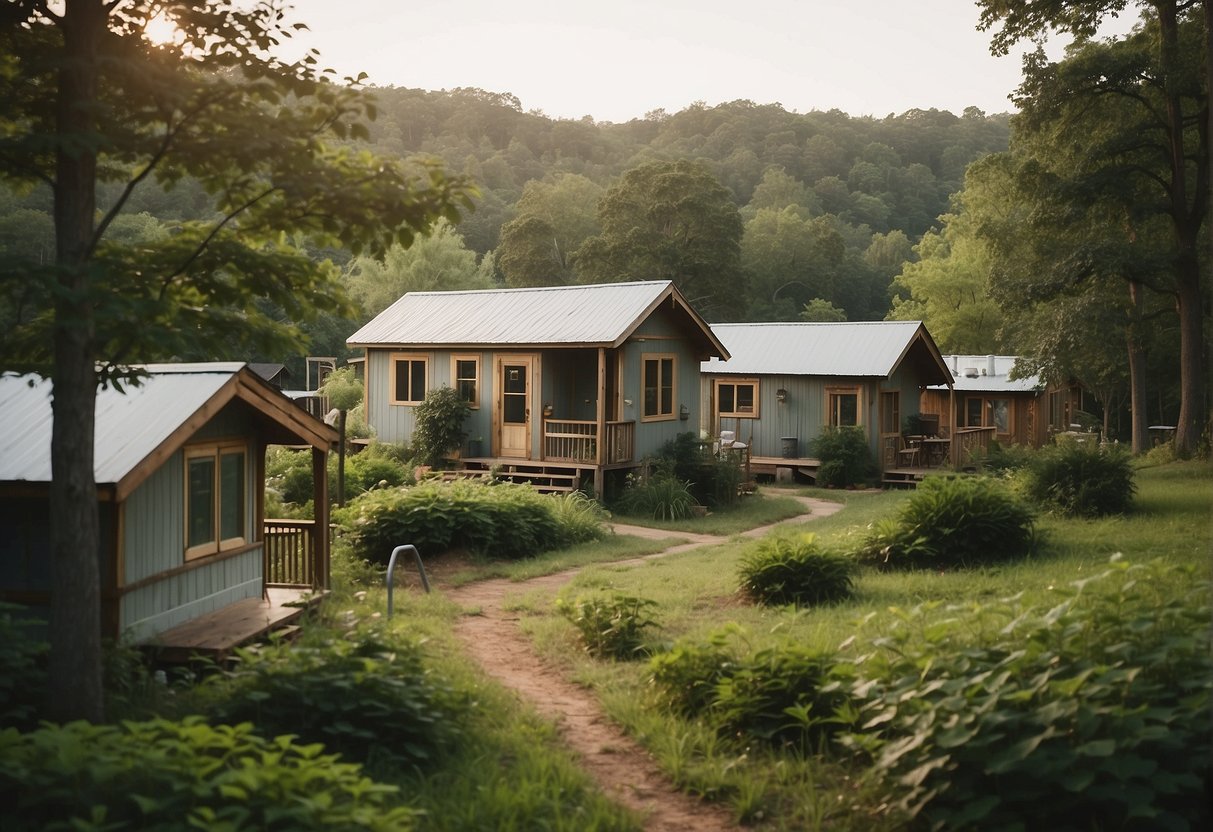 A serene landscape with small, cozy homes nestled among lush greenery. A sense of community as residents gather outdoors, enjoying the simplicity and tranquility of tiny home living in Arkansas