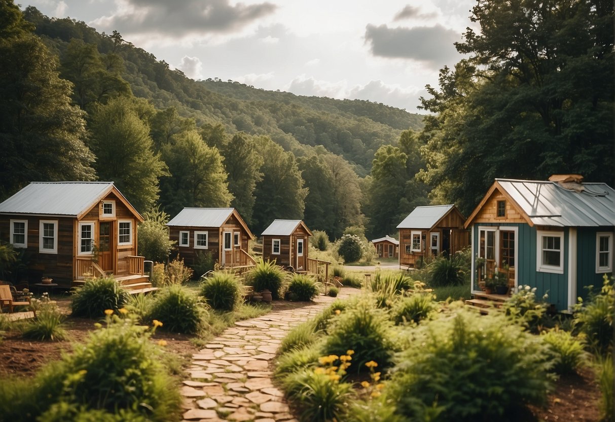 Tiny homes nestled in the rolling hills of Arkansas, surrounded by lush greenery and community spaces, with sustainable features and cozy interiors