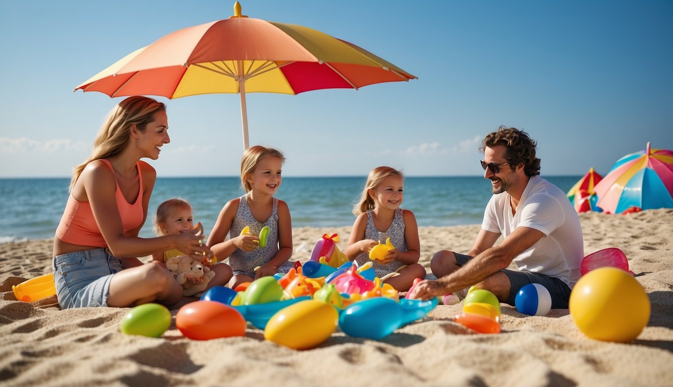 A family picnicking on a sunny beach, with colorful umbrellas and beach toys scattered around. A clear blue sky and calm ocean in the background