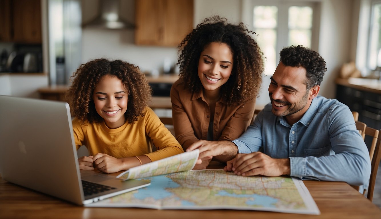 A family sits around a table with a map, guidebook, and laptop, discussing budget-friendly vacation options. They smile and point at destinations