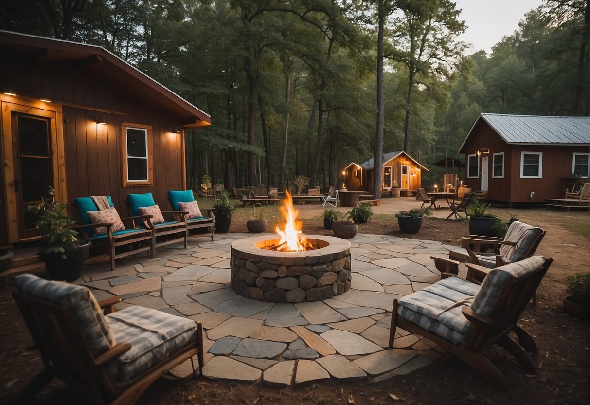 Arkansas Tiny Home Communities showcase cozy cabins, communal gardens, and a central gathering area with a bonfire pit