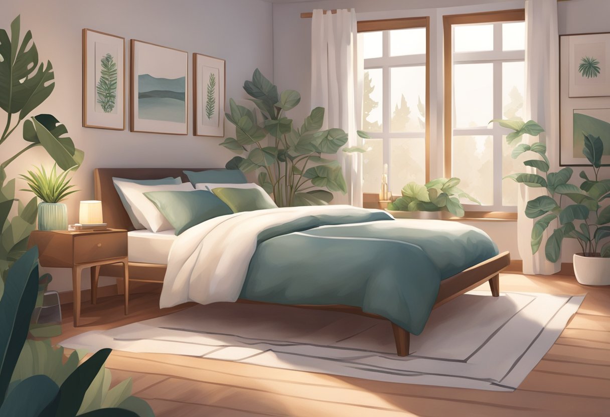 A tranquil bedroom with soft, dim lighting, a cozy bed with plush pillows and blankets, and calming decor such as plants or nature-inspired artwork