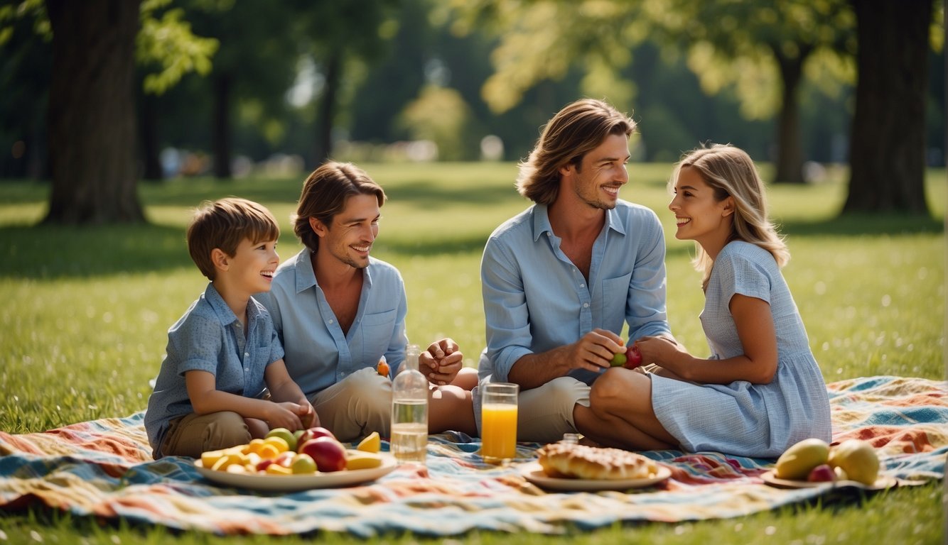 A family enjoys a picnic in a lush, green park with a clear blue sky and a colorful blanket spread out on the grass