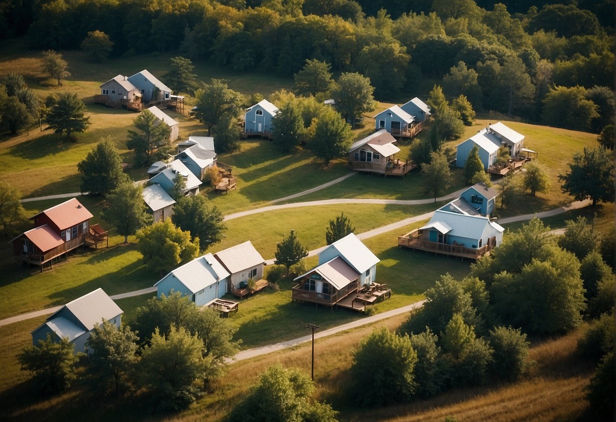 Aerial view of tiny homes nestled in the rolling hills of Arkansas, with a central community space and surrounding natural landscape