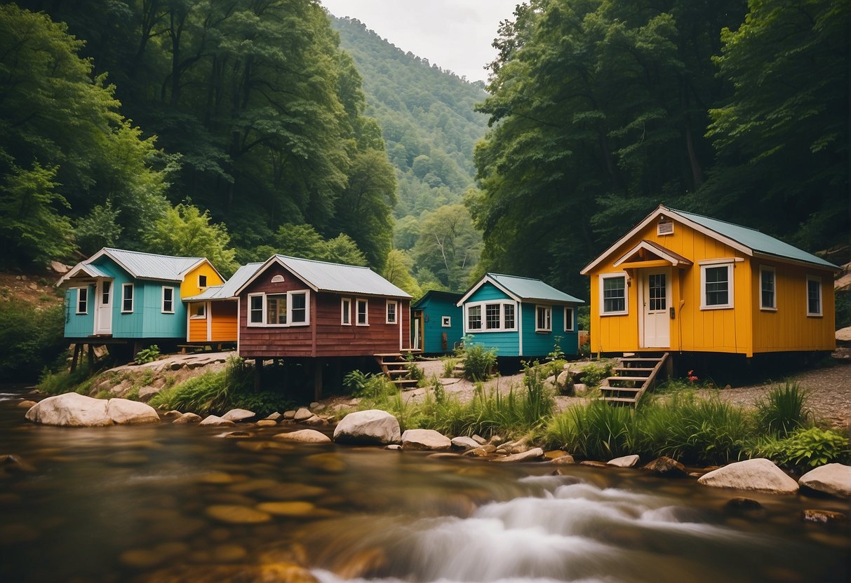 A cluster of colorful tiny homes nestled in the lush mountains of Asheville, NC, surrounded by towering trees and a bubbling creek